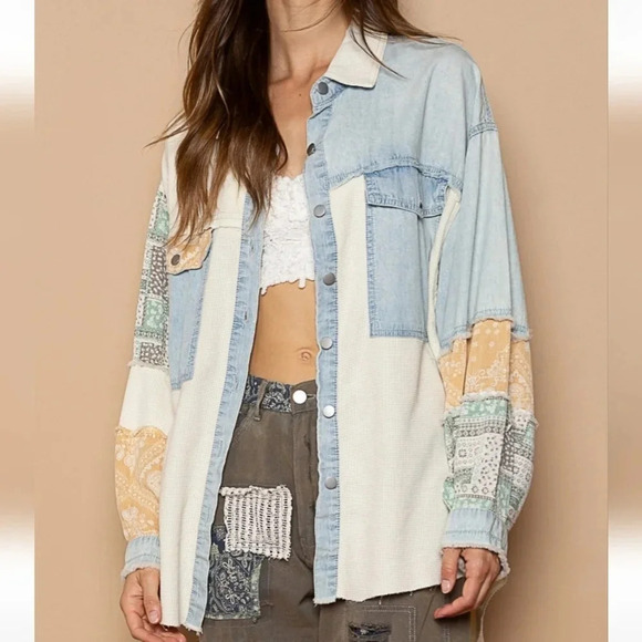 New! POL Oversized Contrast Denim Ivory Fabric Panels Button Down Shacket S - Picture 10 of 13